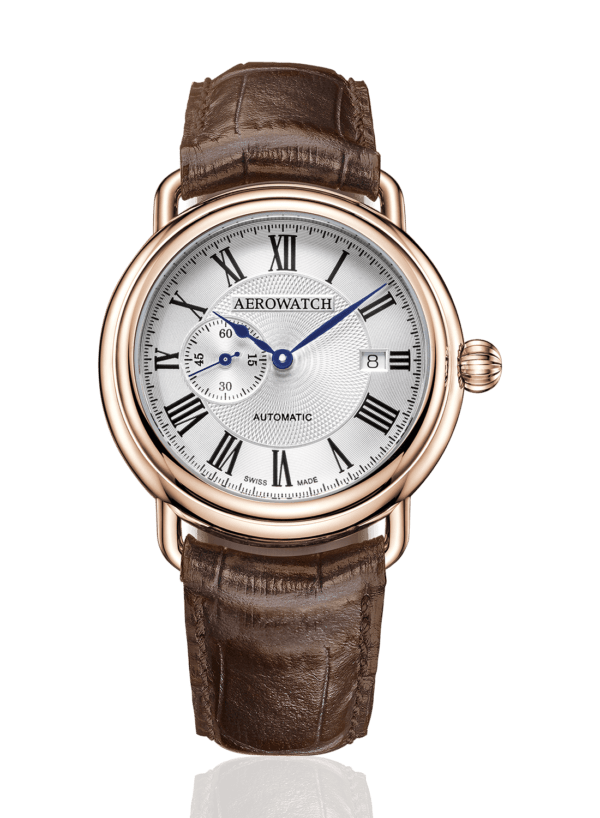 Aerowatch, 1942 Collection, Sekundenindex, Rosegold, PVD, Lederband, Herrenuhr, Quartz, 85939 AA09, Quartz, Sellita, Swissmade, Herrenuhr, Armbanduhr, Faktor S, Sahak, Jewellery, Zürich, Winterthur